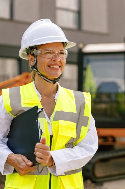 Smiling female construction worker in protective helmet standing against on construction background